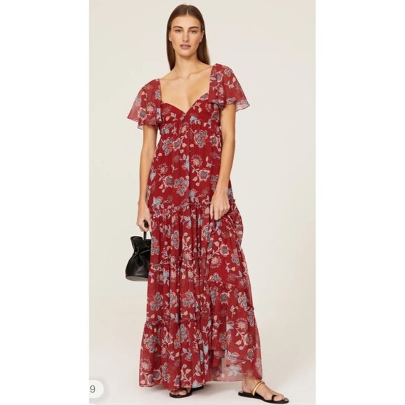Sachin & Babi Kara Maxi Dress Red Floral Tiered Boho Chic Women’s Size 8 - Picture 1 of 11